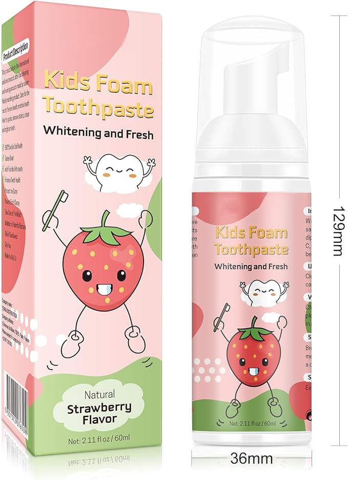 Foam Toothpaste Kids 2PCS, Toddler Toothpaste Cavity Protection, Clean and Whitening, 360ºCare, Portable, Kids Foam Toothpaste with Fluoride for Electric & U-Shape Toothbrushes（Strawberry）