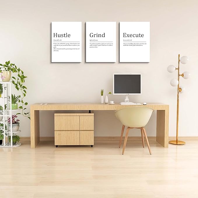 Hustle Grind Execute, Inspirational Wall Decor Art - Framed Canvas Office Decor, Quote Poster, Office Wall Art, White Large Poster, Positive Motivational Wall Art, 12x16inchx3pcs-StrideForce Fitness