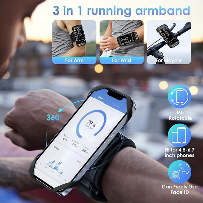 Cikyner Running Armband, 3 in 1 Running Phone Holder Sports Armband Bicycle Phone Holder 360° Rotatable & Detachable Running Phone Armband for 4.5-7'' iPhone Huawei for Gym Running Hiking-StrideForce Fitness