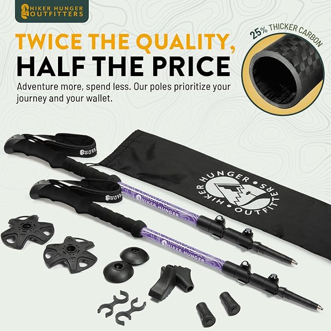 100% Carbon Fiber Trekking Poles by USA Brand - Ultra Strong Lightweight Collapsible Hiking Poles with Cork and EVA Foam Grips & Quick Adjustable Flip Locks-StrideForce Fitness