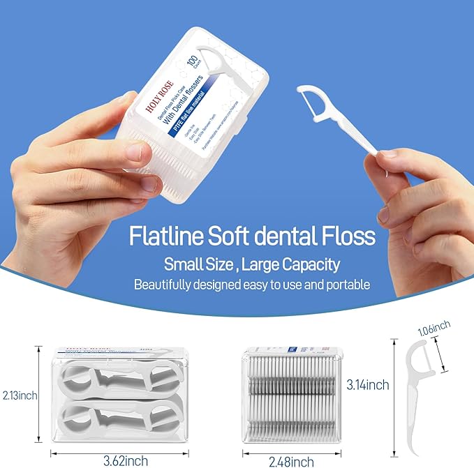 Holy Rose Dental Floss Case with 100 Floss Picks -2 Box 200 Count Flossers- Flat Line Design - Portable and Hygienic Oral Care Dispenser Set for Teeth and Gums - Dental Cleaning Tool.
