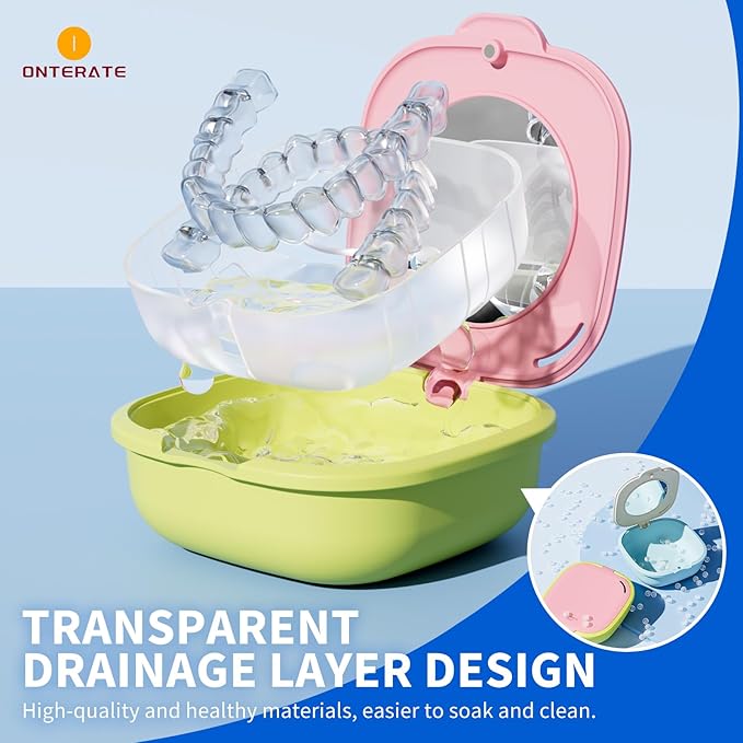 Magnetic Retainer Box with Mirror, Compact Denture Case with Vent Holes & Retainer Remover Tool & Chewies & Brush, Protable Aligner Cleaner Case for Night Mouth Guards, Braces (Pink Green)