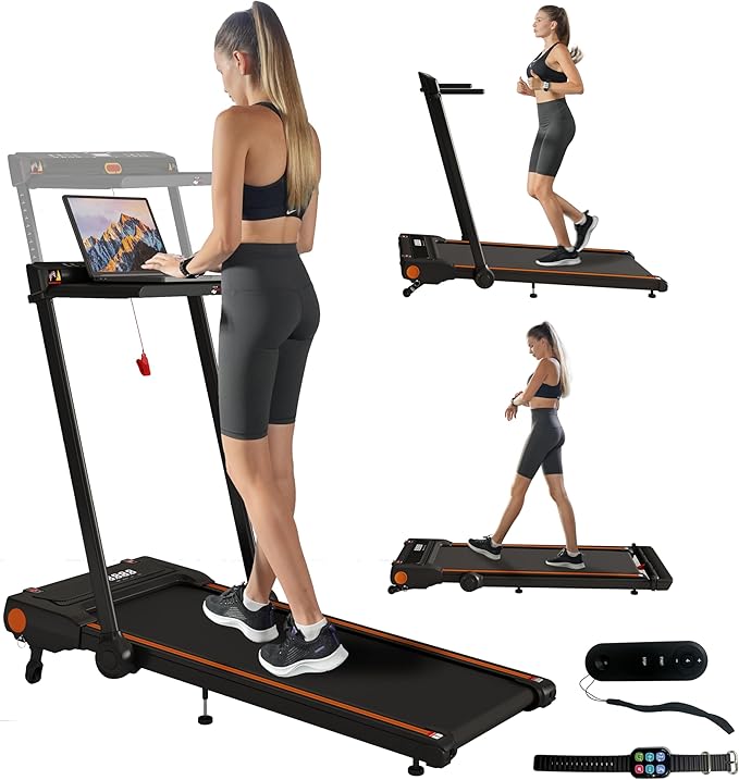 Foldable Treadmill with Incline Treadmill with Home Removable Desk Workstation 3.0 HP 3 in 1 Folding Small Compact Walking Treadmills 300 Lbs Capacity for Home Office-StrideForce Fitness
