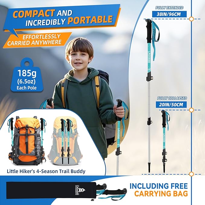 Lightweight Collapsible Kids Hiking Poles - Retractable Kids Hiking Stick, Telescoping Aluminum Trekking Poles 2 Pack, Adjustable Kids Ski Poles by Croosse-StrideForce Fitness
