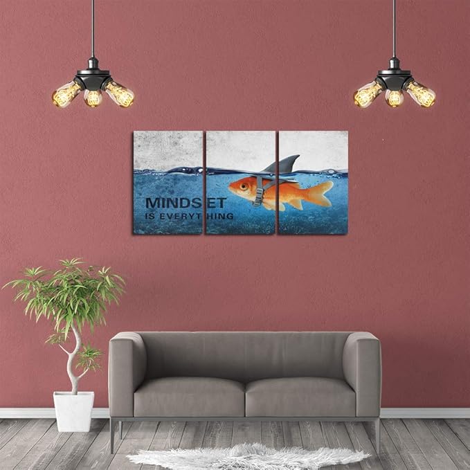 3 Panels Modern Framed Inspirational Canvas Wall Art Goldfish Body Strong Shark Heart Mindset is Everything Motivational Wooden Decor Posters for Office Gym Classroom Home Decoration(48''W x 24''H)-StrideForce Fitness