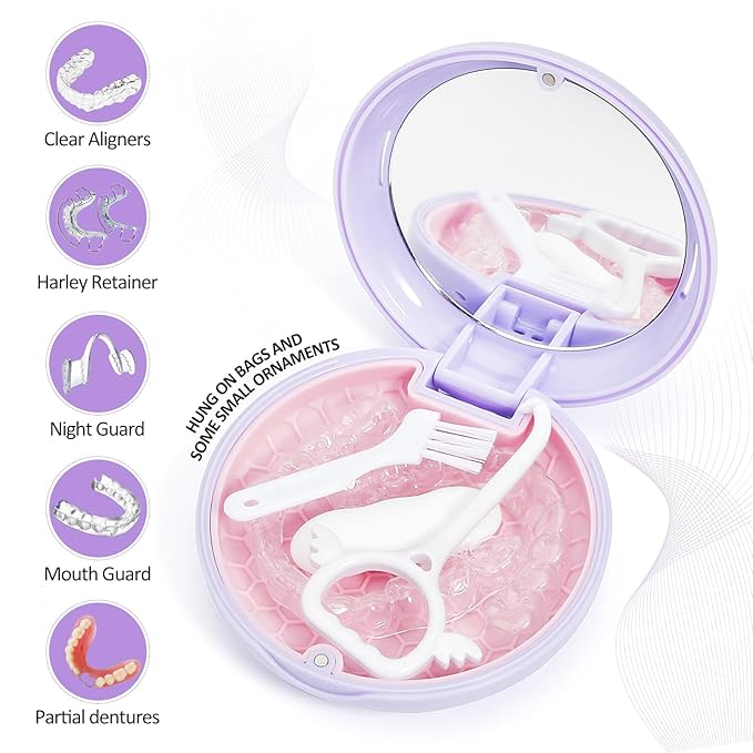 Retainer Case with Mirror,Slim Aligner Case with Vent Holes,Cute Dental Brace Box with Retainer Removal Tool and Brush (Purple Pink)