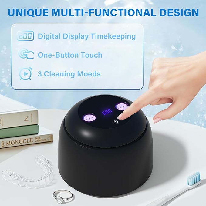 Upgraded Ultrasonic Retainer Cleaner Machine, 45kHz Dental Cleaning for Jewelry, Watch Strap, Night Guards, Toothbrush, Mouth Guards, Aligner, Braces,Denture Cleaners with Digital Timer, 200ML (Black)