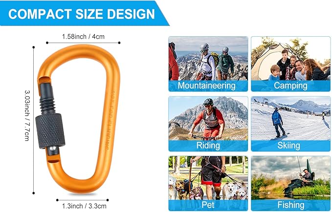 10 Pack Aluminum D Ring Key Rings Hiking Clips Locking Carabiner for Hiking Camping Fishing and Outdoor Use，Clips with Screw Gate Multicolored-StrideForce Fitness