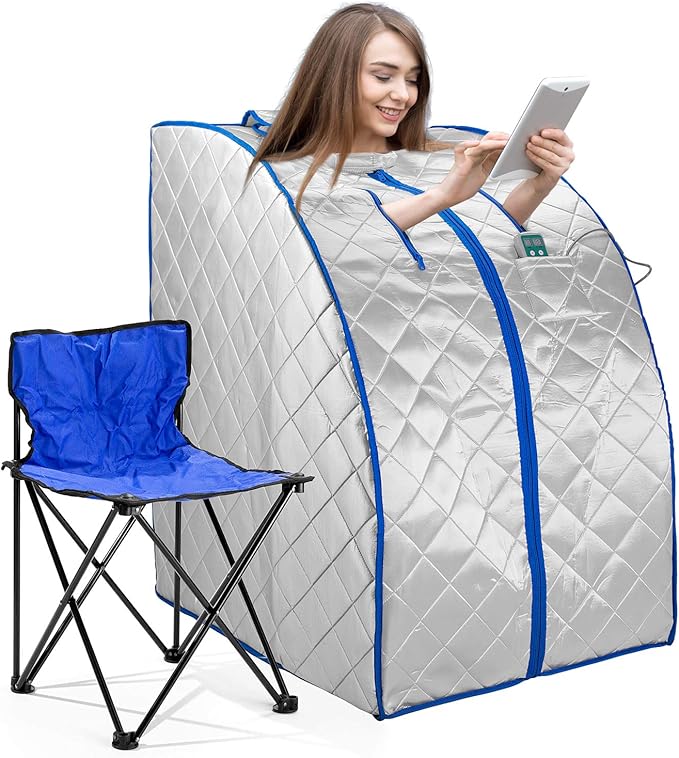 Infrared FAR IR Negative Ion Portable Indoor Personal Spa Sauna by Durherm with Air Ionizer, Heating Foot Pad and Chair, 30 Minutes Timer, Large, Silver-StrideForce Fitness