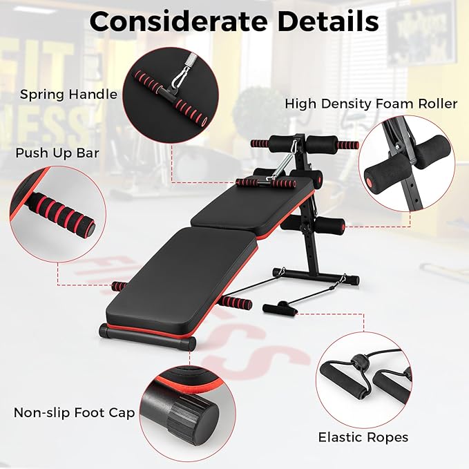 GYMAX Sit Up Bench, 330lbs Folding Decline Workout Bench with Spring Handle, Elastic Ropes & 4 Level Adjustable Height, Incline Weight Bench for Situp, Ab Crunch, Strength Training Exercise for Home Gym-StrideForce Fitness