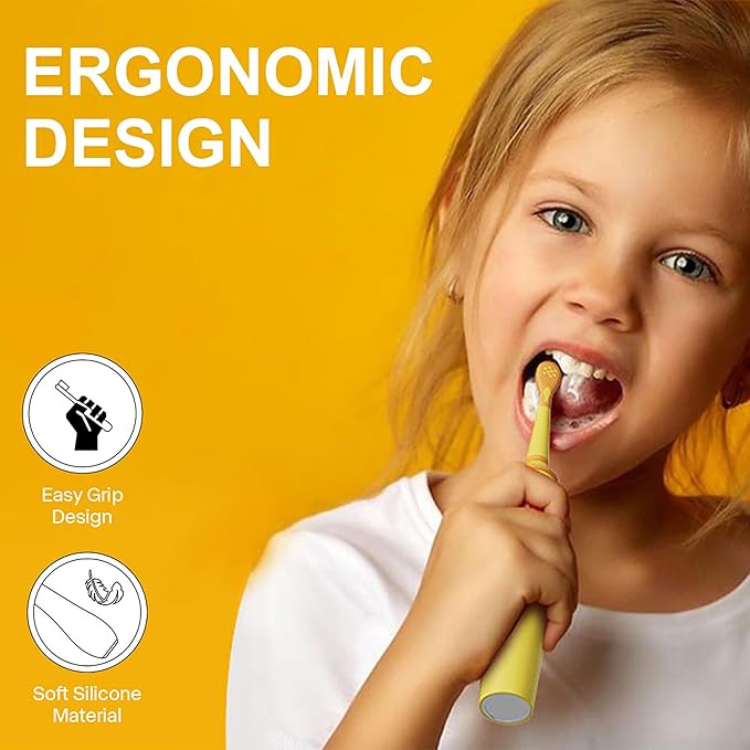 KIWIBIRD Kids Electric Toothbrush for Ages 3–10 | Toddler Sonic Toothbrush with 4 Modes & Soft Silicone Bristles | 2-Min Timer Pressure Sensor | 45-Day Rechargeable Battery | IPX8 Waterproof (Yellow)