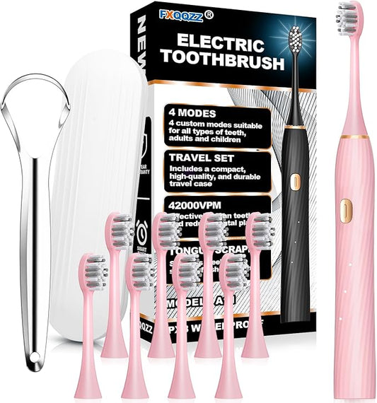FXQQZZ Electric Toothbrush for Adults and Kids, with Tongue Scraper and Travel Case, 8 Brush Head, Smart Timer & 4 Modes Rechargeable Toothbrush, 42000 VPM Deep Clean, One Charge Last 90 Days - Rose