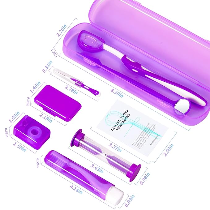 Annhua Braces Kit Cleaning Tools Boxed 8 Pack for Orthodontic, Portable Travel Dental Pick Tool Set for Braces, Interdental Brush, Ortho Wax, Floss, Oral Mirror Included - Purple