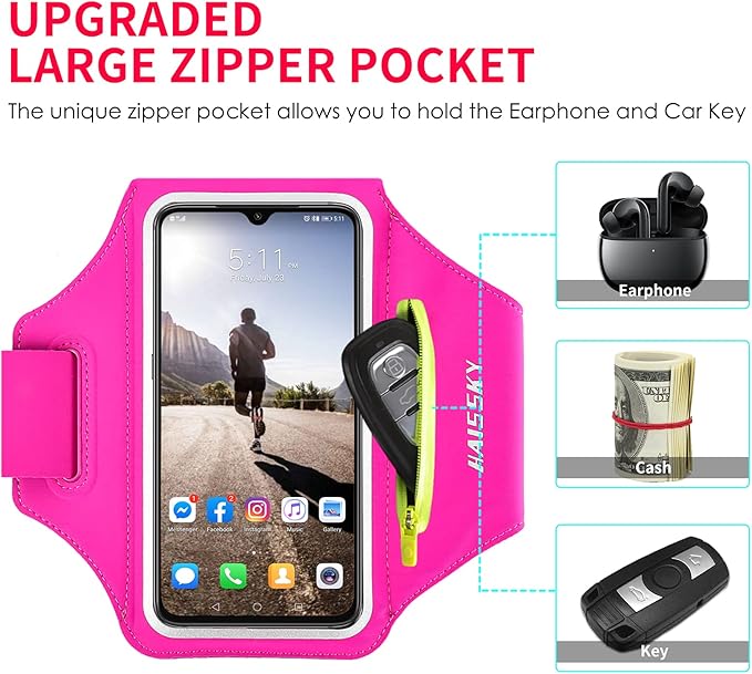 Running Armband with Earphone Bag Cell Phone Armband for iPhone 16 15 Pro 14 Plus 13 11 XR XS, Galaxy S24/S10 Water Resistant Sports Phone Holder Case & Zipper Slot Car Key Holder for 6.7 inch Phone-StrideForce Fitness