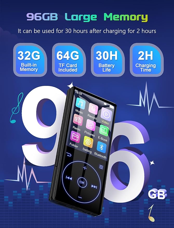 96GB MP3 Player with Bluetooth 5.0: Portable Lossless Sound Music Player with HD Speaker,2.4" Screen Voice Recorder,FM Radio,Touch Buttons,Support up to 64GB for Sport(Earphones&64GB TF Card Included)-StrideForce Fitness