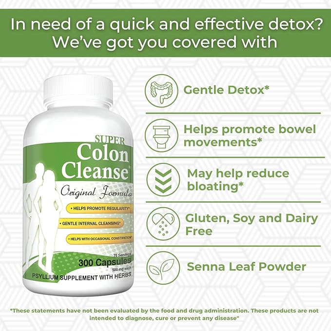 Health Plus Super Colon Cleanse Original Formula (1990-2025), 300 Capsules, 6 Cleanses - Digestive Support, Constipation Relief with Psyllium Husk and Senna Leaf-StrideForce Fitness