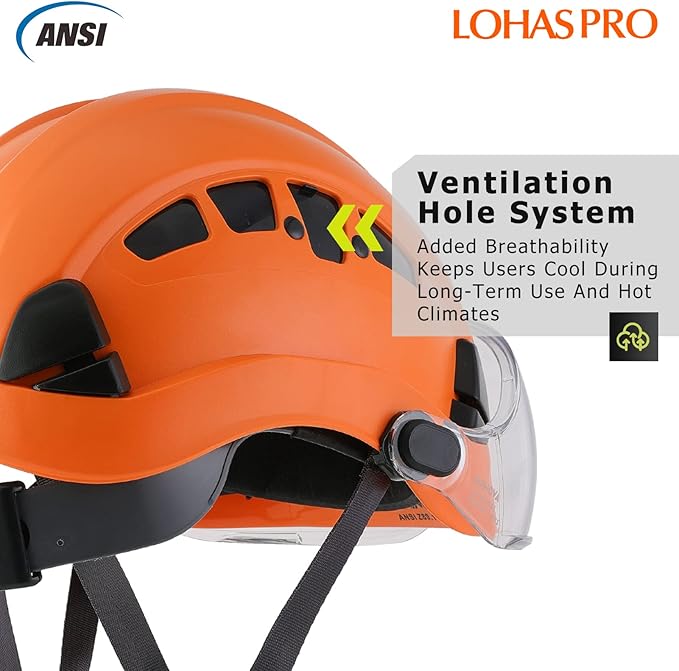 LOHASPRO Hard Hats Construction Safety Helmet with Visor ANSI Z89.1 Approved OSHA Hardhat, Vented Men Work Hard Hat with Chin Strap Tree Climbing Arborist Helmet (P4 Orange+Clear Visor)-StrideForce Fitness