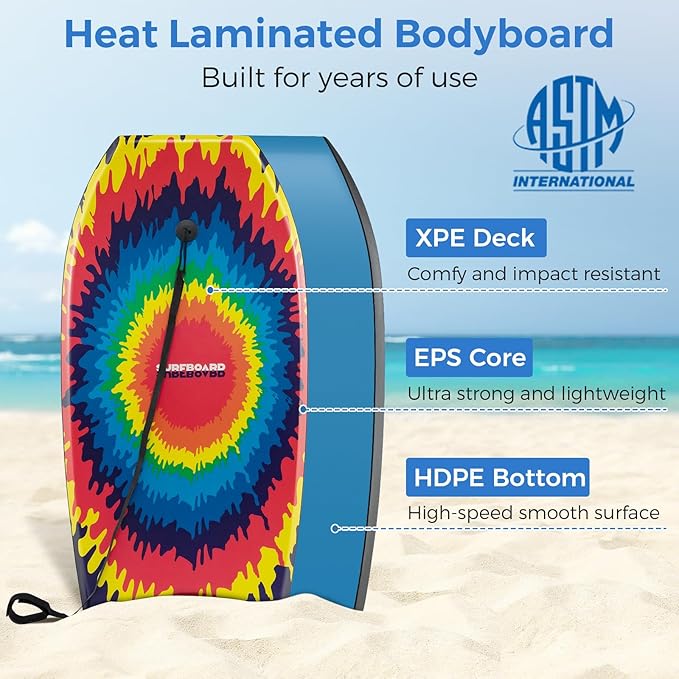 Goplus 41''/37''/33'' Lightweight Body Board for Beach, Surf Board with EPS Core, XPE Deck, HDPE Slick Bottom, Wrist Leash, Bodyboard for Kids Adults Surfing-StrideForce Fitness