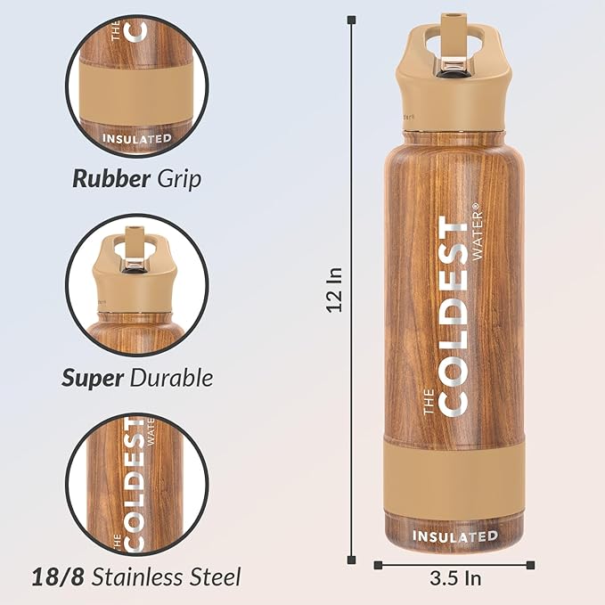 Coldest Insulated Water Bottle with Straw Lid - Stainless Steel Metal Insulated Bottle for Men & Women (Executive Wood, 40 oz)-StrideForce Fitness