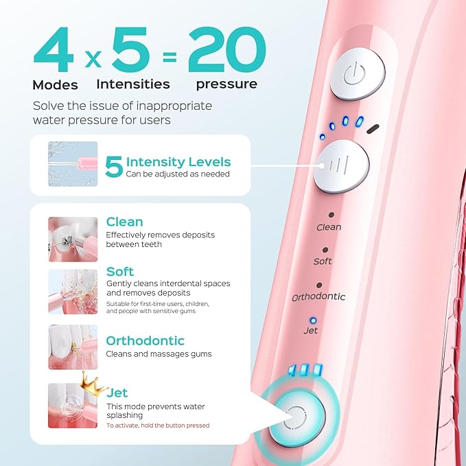 COSLUS Portable Water Flosser for Teeth: 4 Modes & 5 Intensity Levels Professional Electric Dental Pick for Sensitive Gums, Braces & Orthodontic - Cordless for Travel Use, for Adults, BPA-Free, Pink