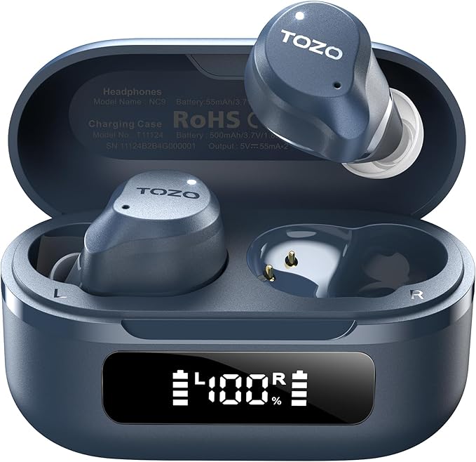 TOZO NC9 Hybrid Active Noise Cancelling Wireless Earbuds, 6 Mics ENC Clear Call, IPX8 Waterproof, in Ear Bluetooth 5.3 Headphones Stereo Bass Ear Buds 59H Playtime with LED Display 32 EQs via APP-StrideForce Fitness