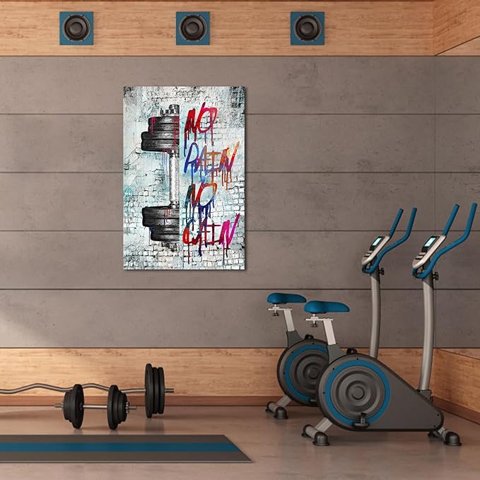 iHAPPYWALL Vintage Inspirational Fitness Quotes Wall Art No Pain No Gain Dumbbells Gym Sport Picture for Home Bodybuilding Room Bedroom Decor Ready to Hang 24x36inch (Grey)-StrideForce Fitness