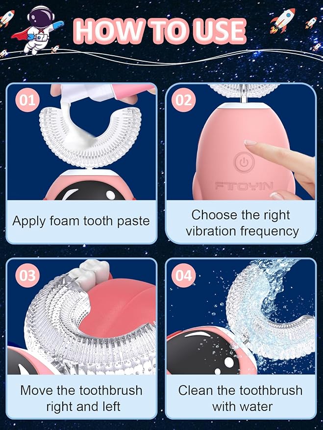 FTOYIN Kids Electric Toothbrush with 3 Brush Heads, U Shaped Ultrasonic Toothbrush Kids with 5 Modes, 45s Smart Reminder, 360-Degree Automatic Cleaning, IPX7 Waterproof Design