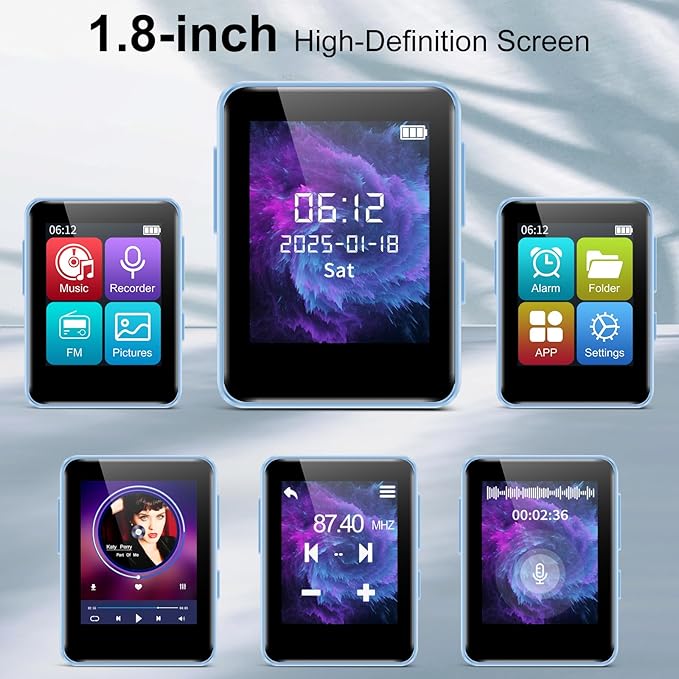 32GB MP3 Player with Bluetooth, 1.8 inch Screen, with FM Radio, Recorder, Portable Sport HiFi Music Player Up to 512GB, Blue-StrideForce Fitness