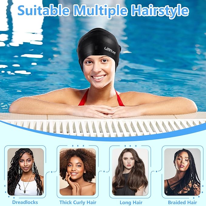 Swim Cap Long Hair,Silicone Swimming Caps with 3D Ear Cover,Waterproof Adult Swim Hats Bathing Caps for Women Men,Keep Your Hair Dry-StrideForce Fitness