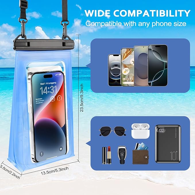 Large Waterproof Phone Pouch, [Expandable Space] Floating Waterproof Bag, IPX8 Dry Bag with Adjustable Lanyard for iPhone Samsung Google Up to 7.0" Blue-StrideForce Fitness