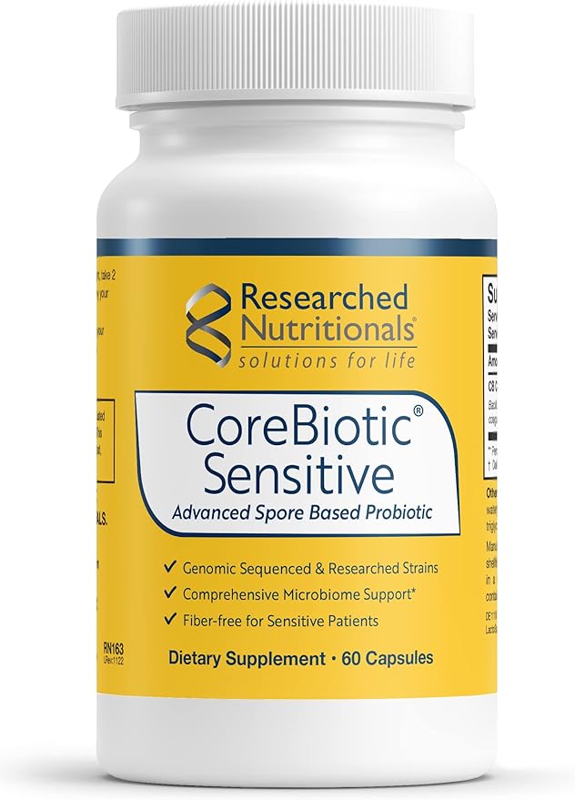 Researched Nutritionals CoreBiotic Sensitive - Vegan Probiotics for Low FODMAP Diet - Spore Based Probiotic Supplement to Support Microbiome & Gut Health - Researched Strains (60 Capsules)-StrideForce Fitness
