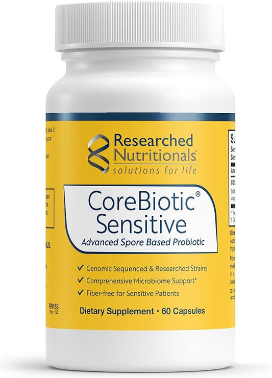 Researched Nutritionals CoreBiotic Sensitive - Vegan Probiotics for Low FODMAP Diet - Spore Based Probiotic Supplement to Support Microbiome & Gut Health - Researched Strains (60 Capsules)-StrideForce Fitness