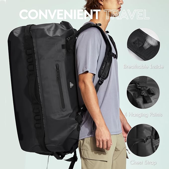 Haimont Large Waterproof Duffel Backpack Roll-Top Heavy Duty Dry Duffle Bag for Boating, Travel, Motorcycle, Kayaking, Camping, 60L-StrideForce Fitness