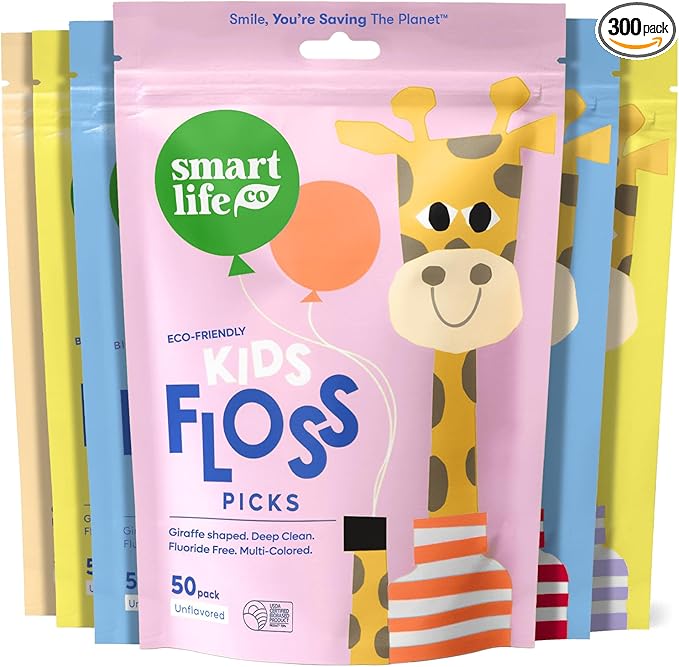 SmartLifeco Biodegradable* Kids Flossers - Unflavored Dental Floss Picks for Children, Fluoride & PFA Free, Straw Wheat Fun Animal Flossing Sticks for Toddlers Teeth, Eco Friendly Compostable*, 300x