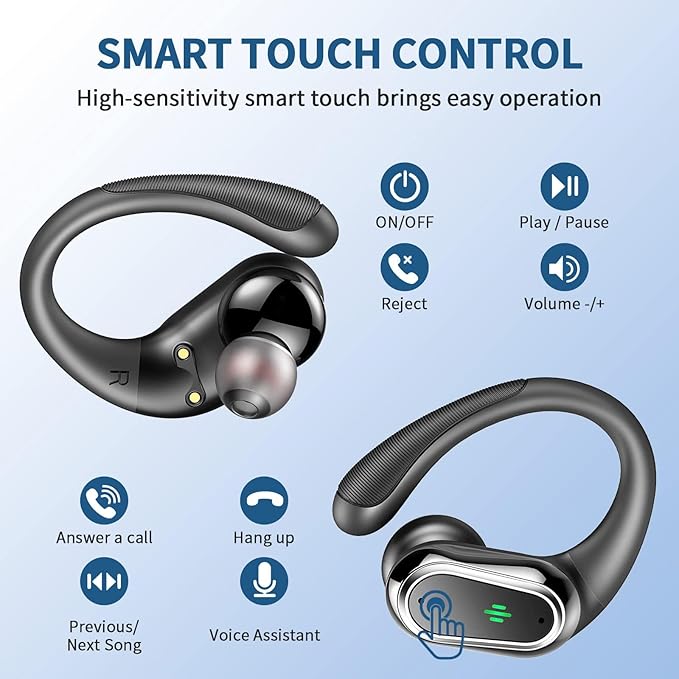 Wireless Earbuds, 2025 Bluetooth 5.4 Headphones Sport, Bluetooth Earbuds with ENC Noise Canceling Mic, 50H Stereo Wireless Headphones IP7 Waterproof with Earhooks, Dual LED Display for Workout/Running-StrideForce Fitness