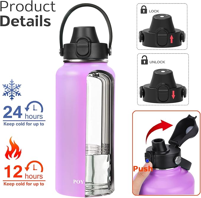 Water Bottle Insulated 32oz 40oz 64oz 128oz Straw Lid Spout Lid & 3 Lids, Leak Proof, Vacuum Insulated,Stainless Steel Water Bottle Wide Mouth for Sports, Gym or Office-StrideForce Fitness