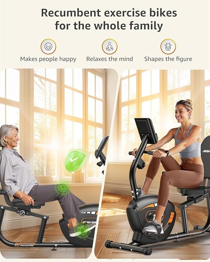 JEEKEE Recumbent Exercise Bike for Seniors,Stationary Bikes for Home, 300LB Capacity & 16 Levels Magnetic Resistance, Heart Rate Handle-StrideForce Fitness