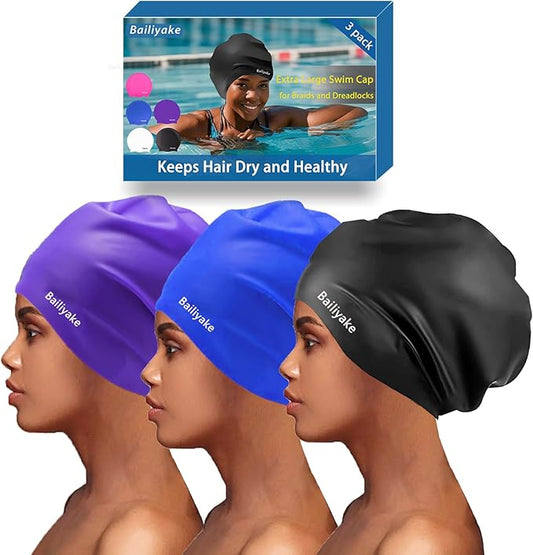 3 Pack Extra Large Swim Cap for Braids & Dreadlocks - Waterproof Silicone Swim Hat for Women with Long Thick Hair, Protective Swim Cap Cover Ears for Swimming, Shower, Bathing-StrideForce Fitness