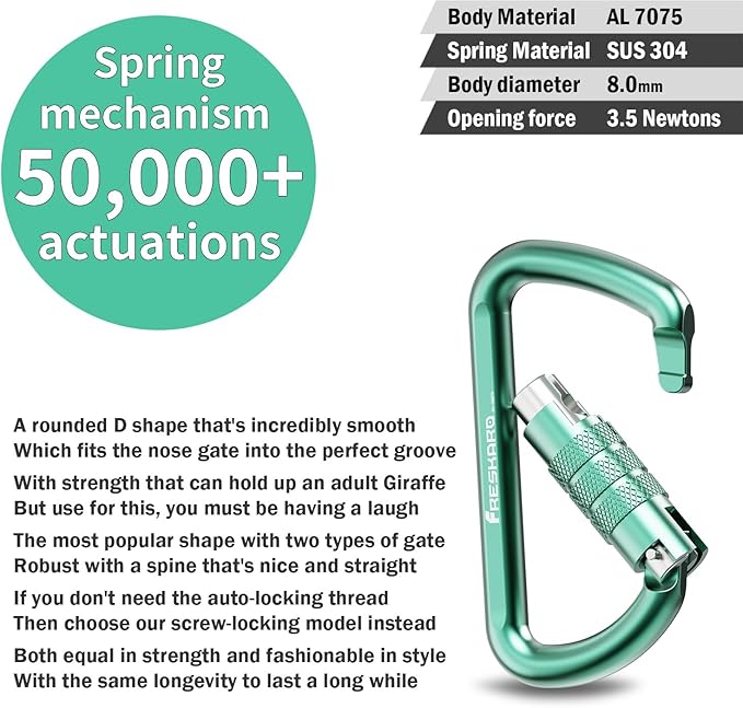 FresKaro 3inch 12kN-2698lbs Auto Locking Carabiner Clips, Solid D Shape, Heavy Duty 7075 Aluminum, Lightweight 1.09oz, Rust Proof, for Hammock, Hiking, Dog Leash, Keychain etc., Multi-Colors-StrideForce Fitness