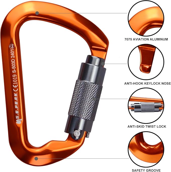 SEPEAK UIAA 30kN Climbing Carabiner Clips, Professional Heavy Duty Twist Locking Carabiners for Climbing,Mountaineering, Rappelling, Camping, Hiking, Swings, Large D Ring Hooks-StrideForce Fitness