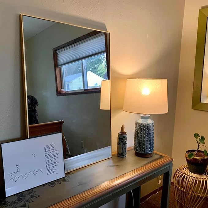 30x30 Inch Orange Gold Bathroom Mirror for Wall, Aluminum Frame Rectangle Rectangular Vanity Mirror, Modern Large for Bedroom, Living Room, Horizontal or Vertical-StrideForce Fitness