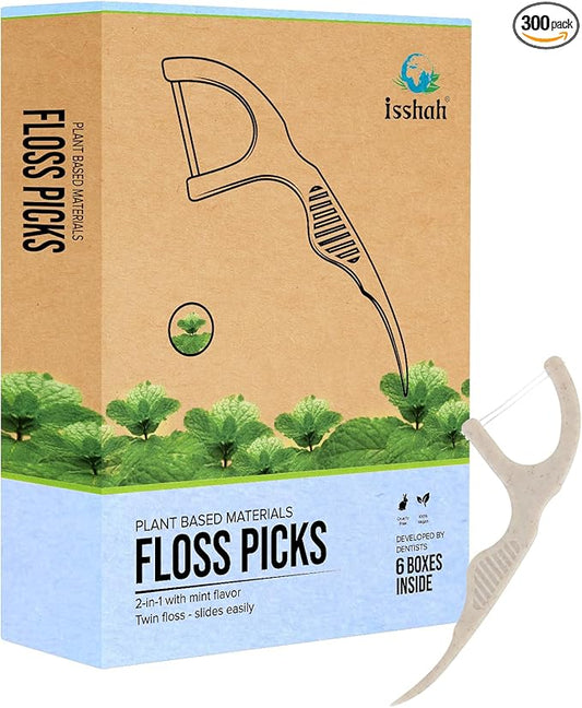 Natural Dental Floss Picks (300 Count) - Kraft Paper Box Packaging, Plant Based, PETA Approved Vegan, Eco Friendly, Sustainable Dental Flossers - Twin Floss (Mint)