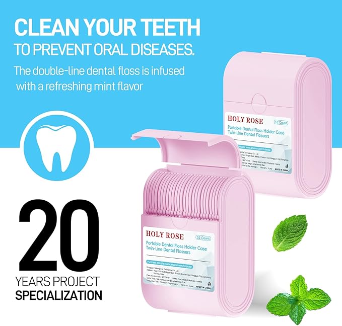 Holy Rose Pink Dental Floss Picks, 2 Packs Travel Cases with Twin Line Flosser 104 Count, Mint, Flossers Sticks Toothpicks is an Oral Care Tool for Clean and Fresh Teeth.