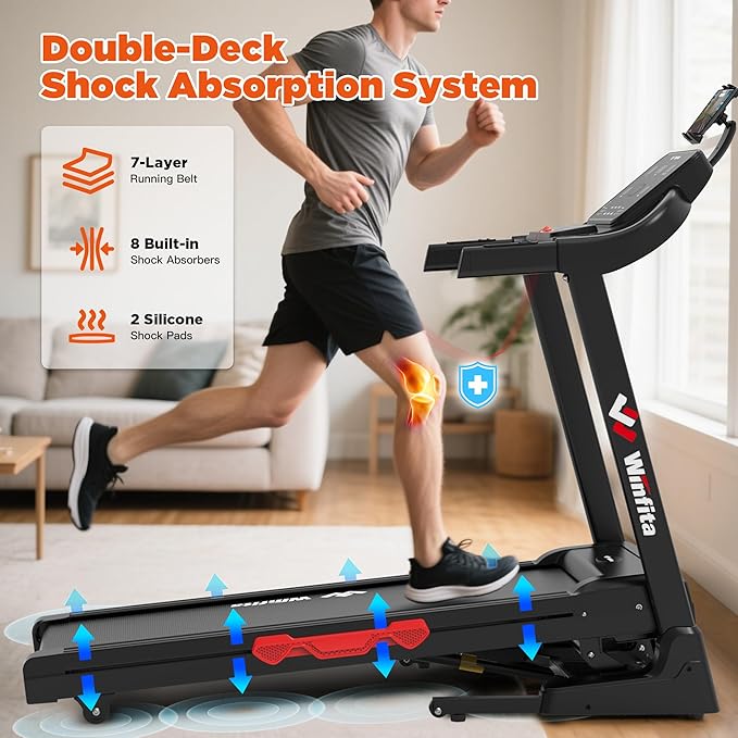Treadmills for Home, Folding Treadmill with Auto Incline, 300 LBS Capacity, 8MPH or 10MPH Max Speed, Double Deck Shock-Absorbing Running Machine with Bluetooth, App, 64 Programs, Pulse Monitor-StrideForce Fitness