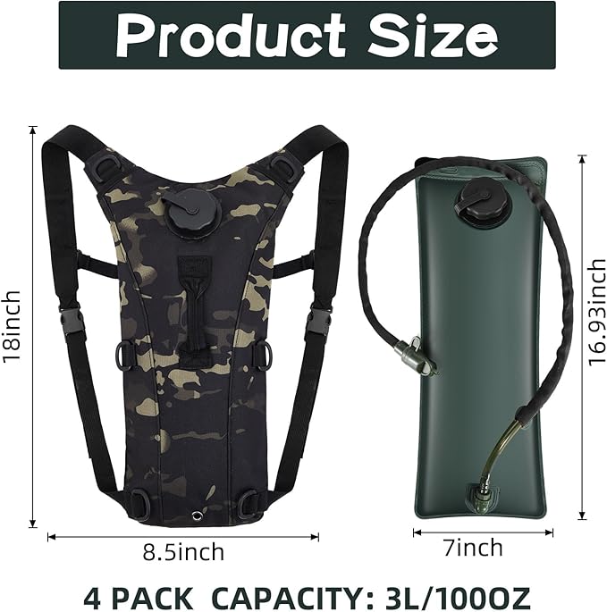 4 Pack Tactical Hydration Backpack with 3L Water Bladder Military Daypack Water Backpack Lightweight Hydration Back Pack for Running Cycling Climbing Hiking for Men Women-StrideForce Fitness