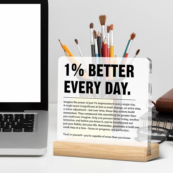 Inspirational Home Office Decor 1% Better Every Day Acrylic Plaque Sign for Office Gym Classroom, Growth Mindset Self Improvement Gifts for Coworker Employee Friend-StrideForce Fitness