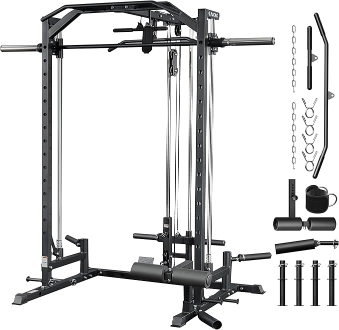 Mikolo Smith Machine Home Gym Power Cage (1:1 Ratio Strength Trainer) (Space Saving Design) (with 8 Free Attachments) Squat Rack for Full Body Training-StrideForce Fitness