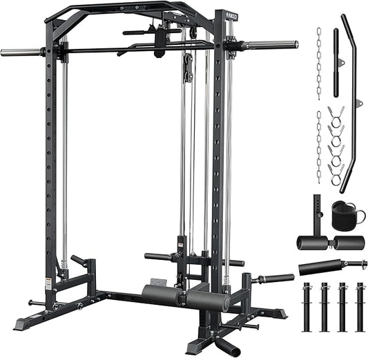 Mikolo Smith Machine Home Gym Power Cage (1:1 Ratio Strength Trainer) (Space Saving Design) (with 8 Free Attachments) Squat Rack for Full Body Training-StrideForce Fitness