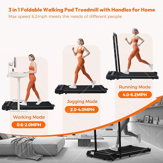 Portable Compact Treadmill with Handles for Home Small Spaces, Foldable Folding Walking Pad Treadmill with Handle Bar, 3.0HP Electric Walking Pads Treadmills Home with 320LB Capacity, LED Display-StrideForce Fitness