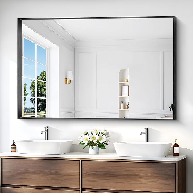 Black Bathroom Mirror, 36x55 Inch Rectangular Deep Frame Mirror, Large Wall Mounted Bathroom Vanity Mirror Over Sink for Bedroom,Restroom, Living Room, Hangs Vertically or Horizontally-StrideForce Fitness